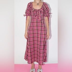 Damson Madder Cassandra Bow Midi Dress In Pink Plaid